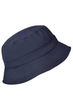 A navy blue bucket hat with a subtle texture and a logo, designed for outdoor activities.