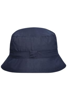 A navy bucket hat features a wide brim and a structured design, complete with a logo.