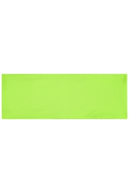 A bright green running headband featuring a logo.
