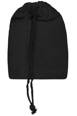 A black balaclava with a drawstring at the opening, featuring a smooth, flexible fabric.