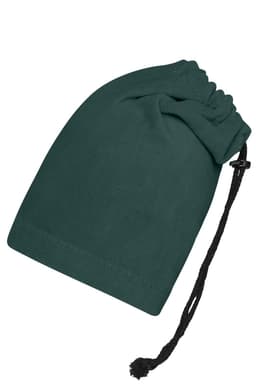 A green balaclava with a drawstring closure, made from soft fabric, featuring branding.