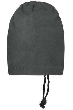A dark grey balaclava with a drawstring at the base, designed for head and neck coverage.