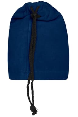 A blue balaclava with a drawstring closure, featuring a black cord for adjustment.