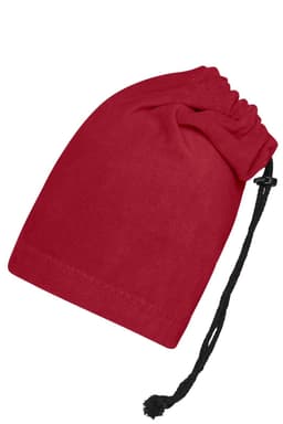 A red balaclava with a drawstring and black adjustable cord, designed as a clothing accessory.