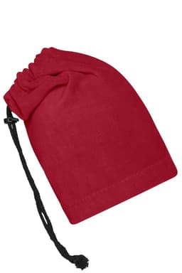 A red balaclava featuring a drawstring for securing fit, suitable as a clothing accessory.