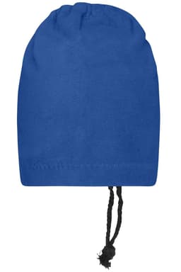 A blue balaclava with a drawstring at the bottom, made from soft fabric, featuring a logo.
