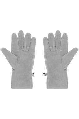 A pair of grey microfleece gloves with a smooth finish and elastic fasteners at the wrists.