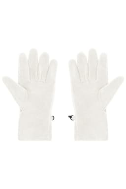 Microfleece gloves in white with a soft texture and adjustable cuff clips for a snug fit.