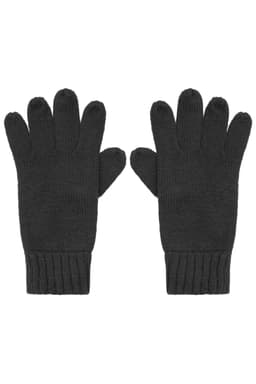 A pair of black knitted gloves with a ribbed cuff and five-finger design. The gloves have a branding logo.