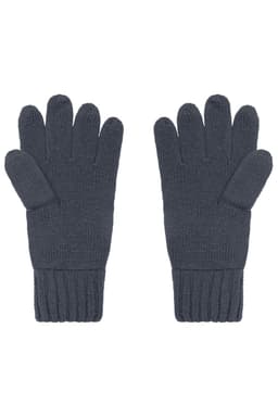 A pair of dark grey knit gloves with a ribbed cuff design. The gloves feature a five-finger style and a textured surface.