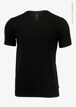 A black men's T-shirt in a classic crew neck design, made from organic cotton, with a logo on the label.