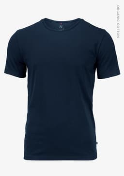 A navy blue men's t-shirt made of organic cotton, featuring a simple design and a small logo.