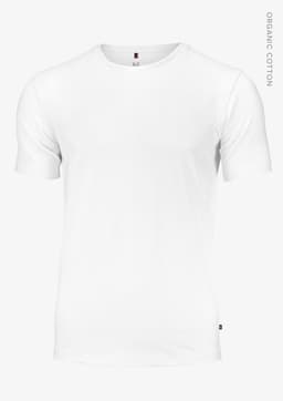 A white t-shirt made from organic cotton, featuring short sleeves and a brand logo.