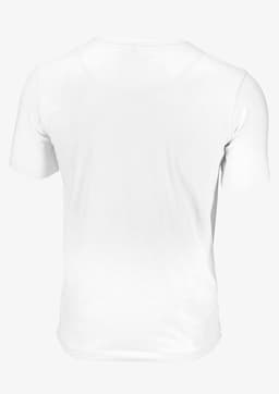 A plain white men's T-shirt featuring short sleeves and a round neckline, with a logo on the back.