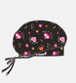 A printed unisex bouffant cap in black featuring various multi-coloured patterns and a tie at the back.