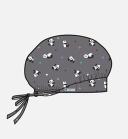 A printed unisex bouffant cap in grey featuring a panda pattern and a tie at the back. Logo included.
