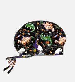 A printed unisex bouffant cap featuring a colourful design with various animals and Halloween themes on a black background.
