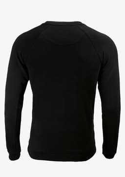 A black men's sweatshirt with long sleeves and a classic fit, featuring a logo on the back.
