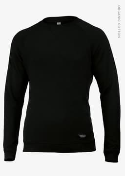 A black men's sweatshirt featuring long sleeves and a simple design, with a logo on the lower hem.
