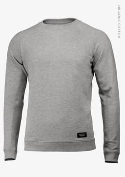 A grey sweatshirt featuring long sleeves and a crew neck, with a small logo on the lower section.