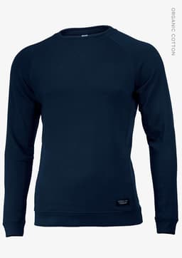A navy sweatshirt featuring long sleeves and a round neck, with a logo on the lower front.