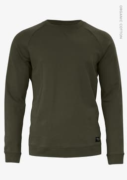 A green sweatshirt with long sleeves and a round neckline, featuring a logo on the lower front.