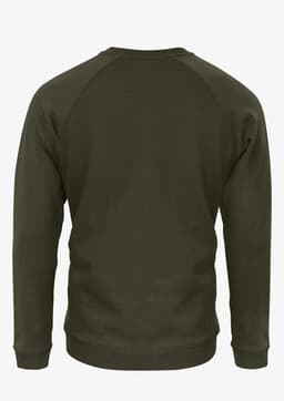 A men’s sweatshirt in a dark green colour, featuring a simple design with a logo on the back.