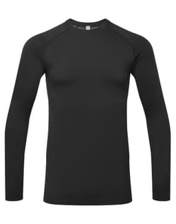 A black long-sleeve baselayer shirt with a fitted design and raglan sleeves. It features a minimal logo.