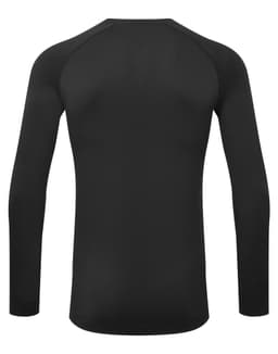 A black long-sleeved baselayer shirt featuring a fitted design and raglan sleeves, with a branding logo.