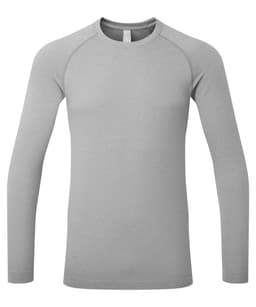 A long-sleeve baselayer top in light grey, featuring a smooth texture and a logo on the label.