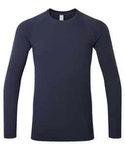 A navy long-sleeve base layer shirt with a fitted design and raglan sleeves. Features a logo on the neckline.