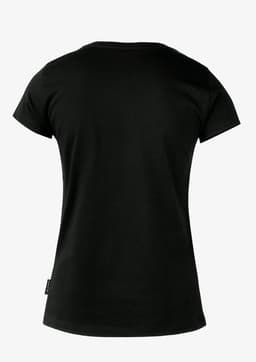 A black women's t-shirt with a fitted design and short sleeves, featuring a branding tag on the side.