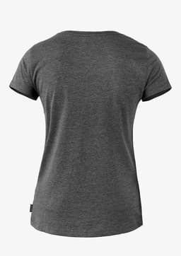 A grey women's t-shirt with a round neckline and short sleeves, featuring a logo on the side.