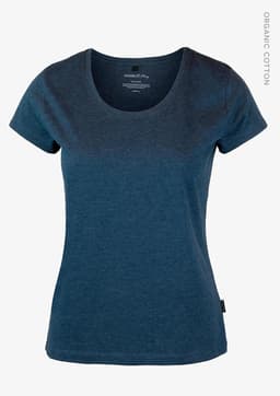 A navy blue women's t-shirt with a rounded neck and short sleeves, made from organic cotton, featuring a logo.