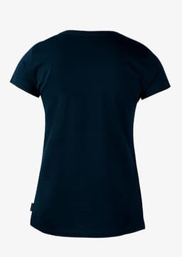 A dark blue women's T-shirt with short sleeves and a simple back design. Features a small logo at the hem.