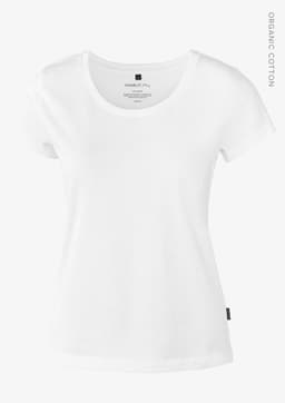 A white women's t-shirt made of organic cotton, featuring a scoop neckline and short sleeves. It includes a logo.