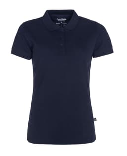 A navy women's pique polo shirt with a collared neckline and short sleeves. It features a logo on the side.