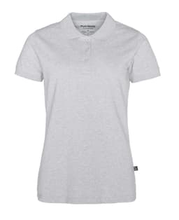 A women's grey pique polo shirt featuring a collar and buttons, with a logo on the side.
