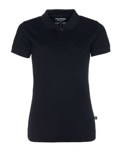 A black women's pique polo shirt featuring a classic collar, three-button placket, and a branding logo.