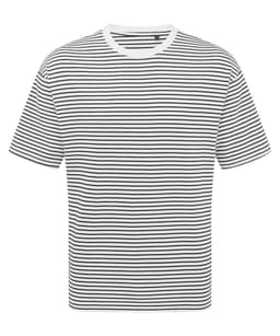 A striped oversized T-shirt in white and black, featuring a crew neckline and short sleeves.
