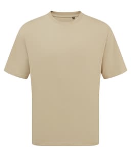 A beige oversized t-shirt with a round neckline, featuring a logo on the chest area.