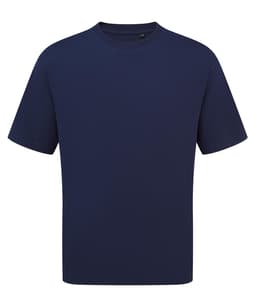 A navy oversized T-shirt with a crew neckline. The shirt has a simple design and features a logo.