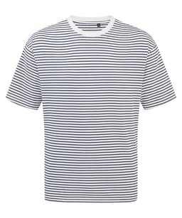 A striped oversized T-shirt in white and navy blue with a round neckline and short sleeves.