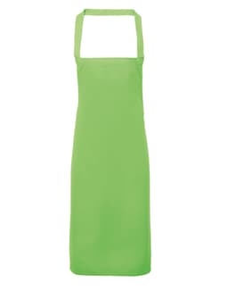 A green bib apron made from 100% organic cotton, featuring a logo and a simple design.