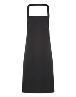 A black organic cotton bib apron featuring a classic design and a logo. Ideal for workwear use.