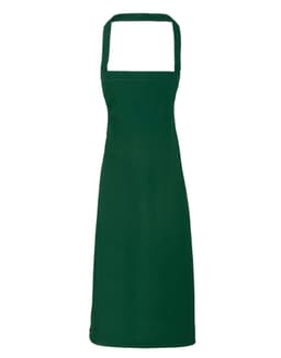 A deep green organic cotton bib apron featuring an adjustable neck strap and a simple design.