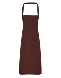 A brown bib apron made from 100% organic cotton, featuring a simple design with no visible logos.