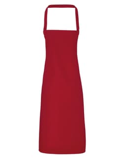 A red organic cotton bib apron featuring a simple design and adjustable straps. It has a logo on it.