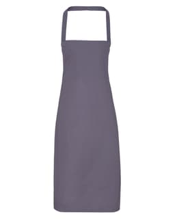 A grey bib apron made from 100% organic cotton, featuring a simple design and an adjustable neck strap.