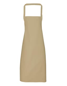 A beige 100% organic cotton bib apron with a simple design and adjustable neck straps, featuring a branding logo.